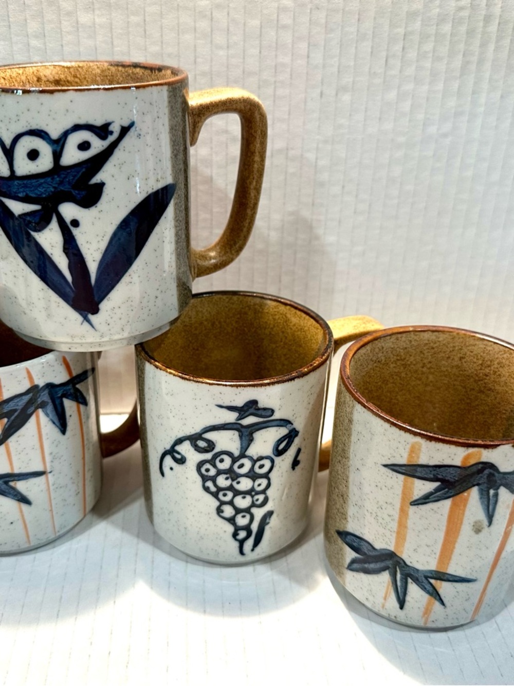 Vintage Speckled Ceramic Mugs with Blue Botanical Motifs - Set of 4 never used